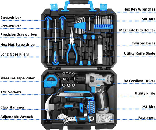 DEkoPro Drill Set: Tool Set with 8V Blue Cordless Drill, Home Tool Kit with Drill, Hand Tool Kits for Men & Women 126 Piece